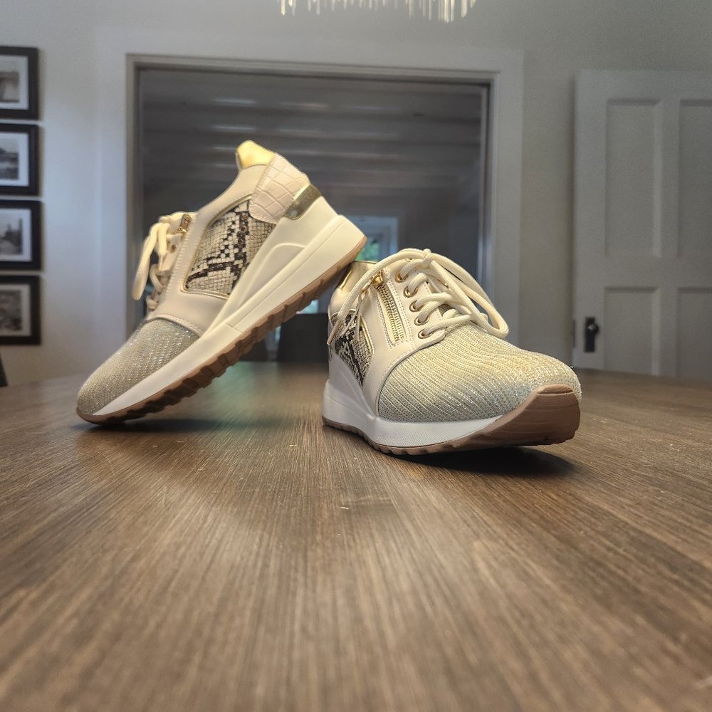 Ninety Union Sparkle 2 3/4" Wedge Sneaker with Sanke and Metalic Trim, Gold